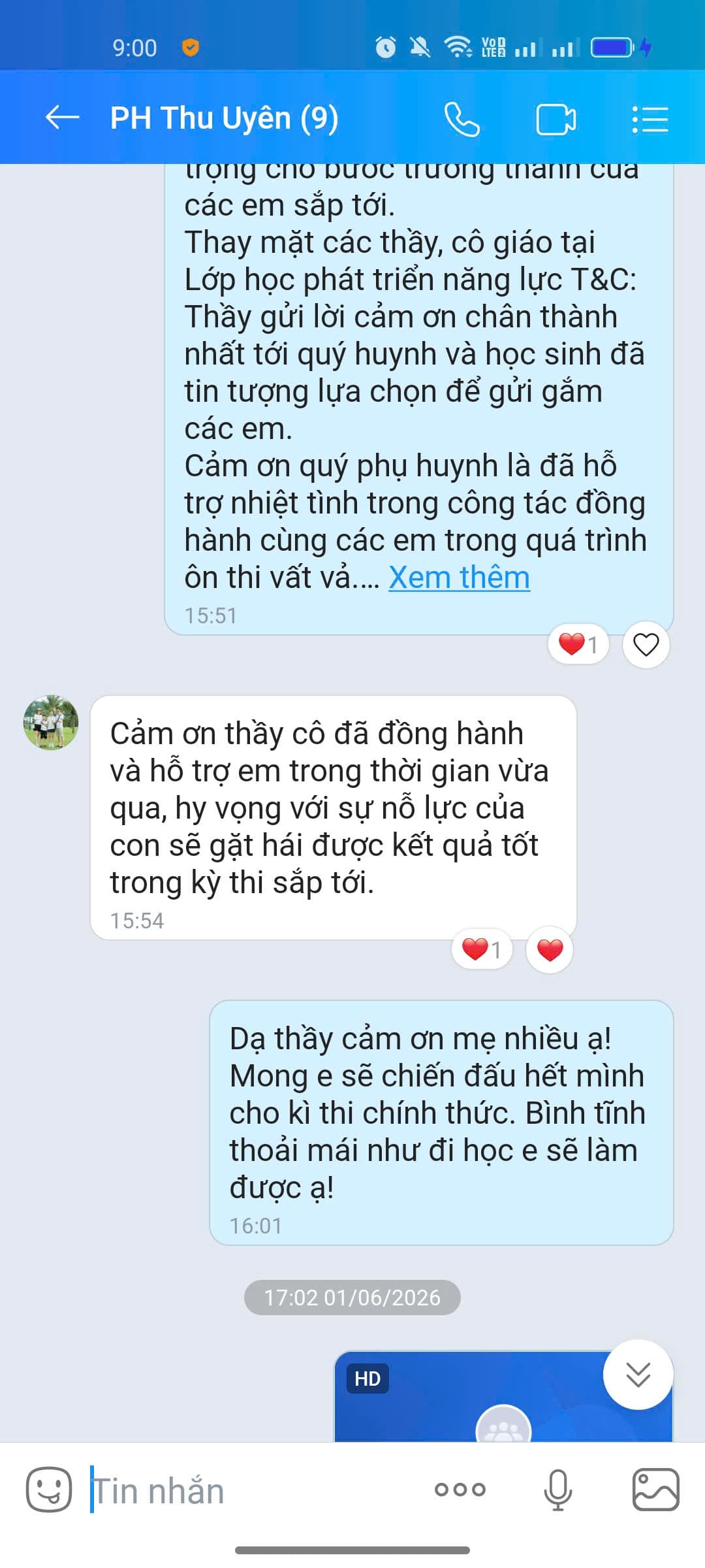 Tin nhắn phản hồi của phụ huynh