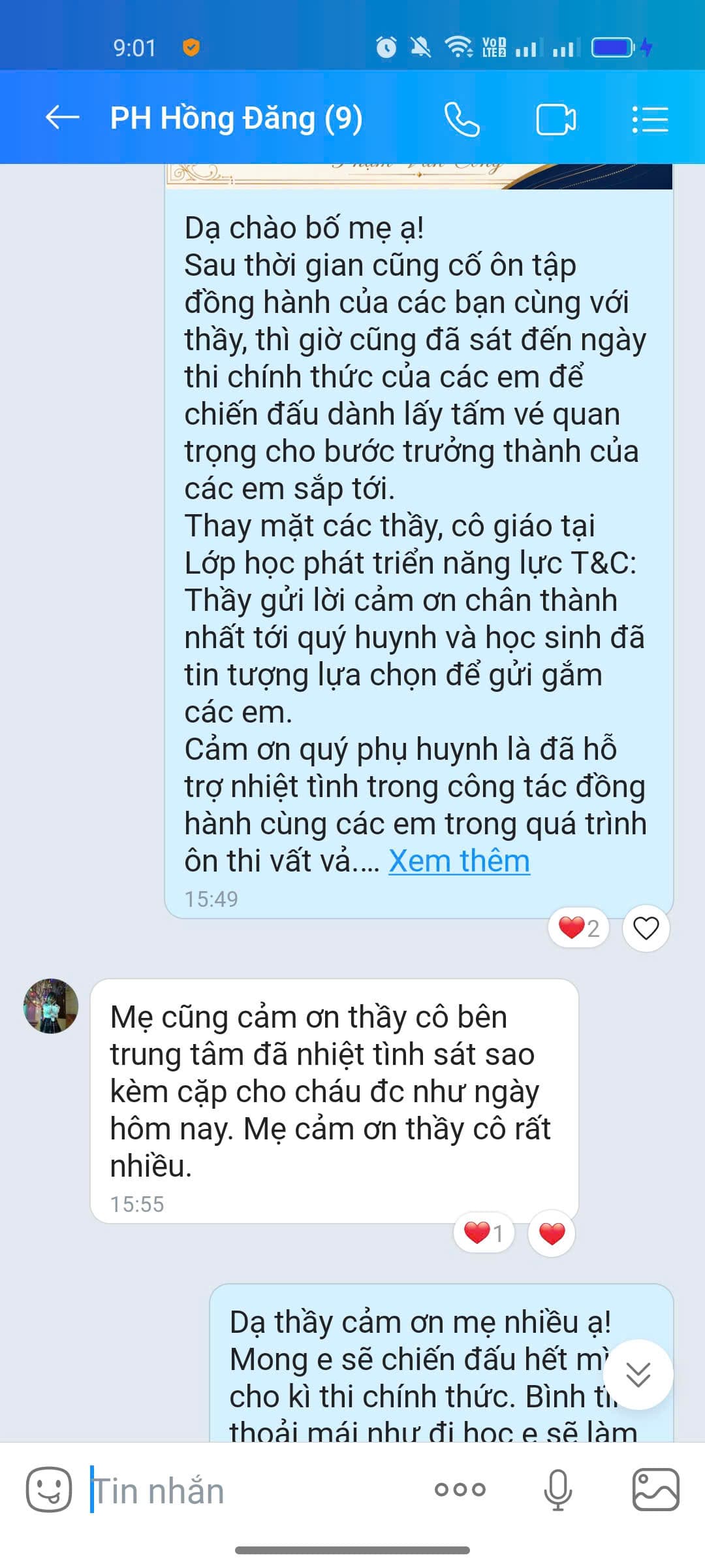 Tin nhắn phản hồi của phụ huynh