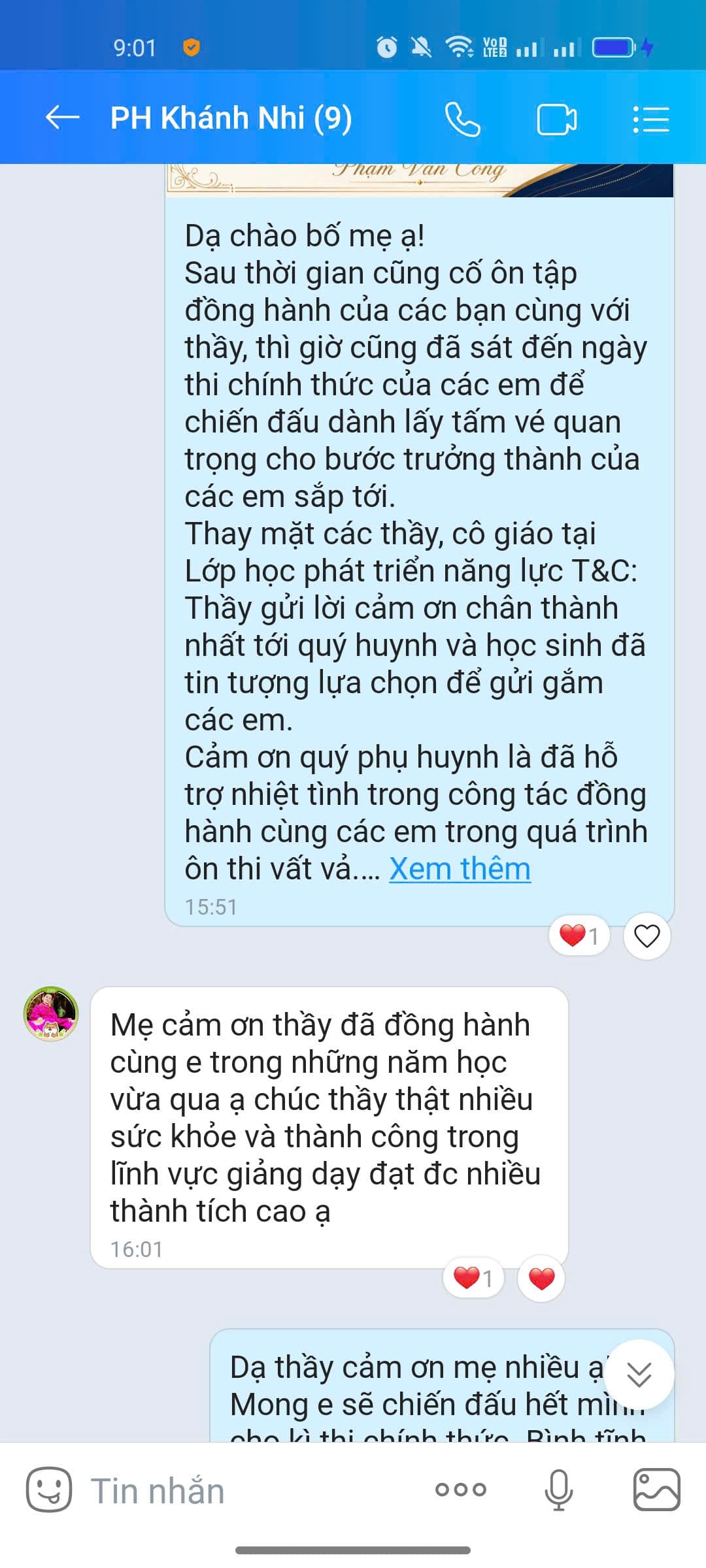 Tin nhắn phản hồi của phụ huynh