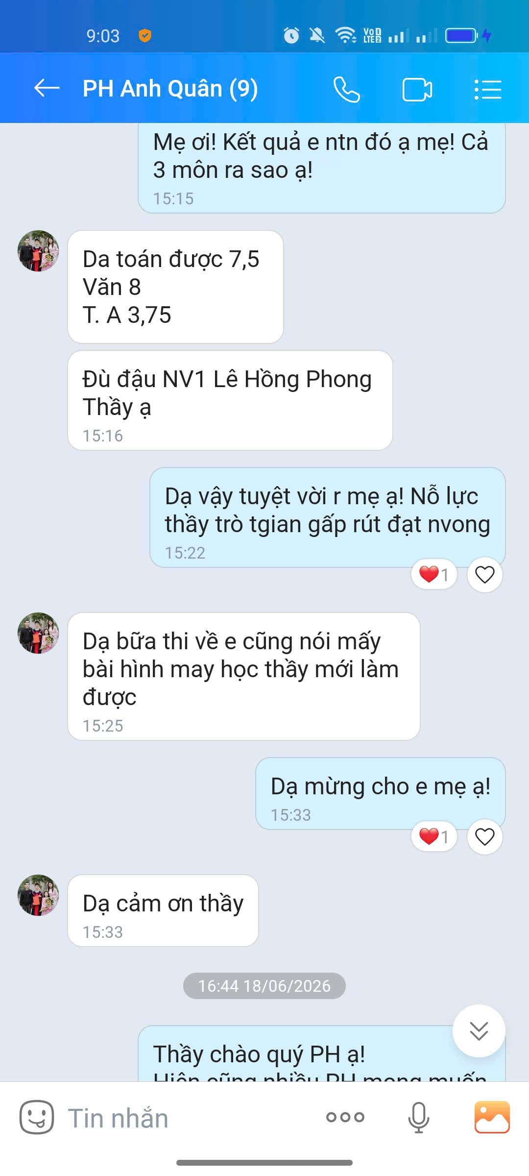 Tin nhắn phản hồi của phụ huynh