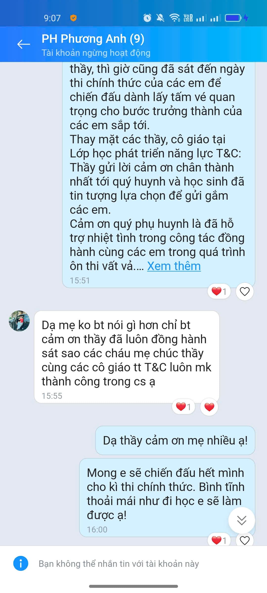 Tin nhắn phản hồi của phụ huynh