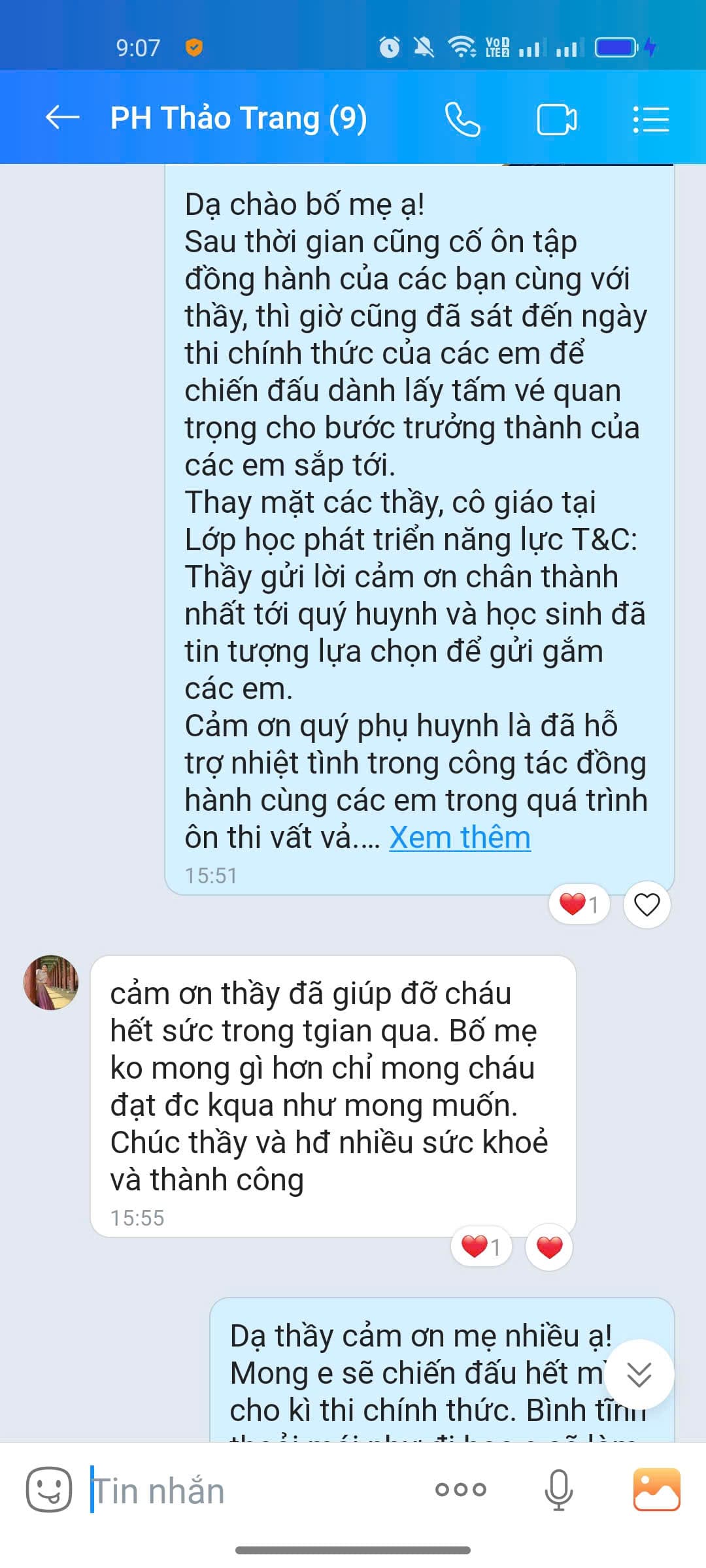 Tin nhắn phản hồi của phụ huynh